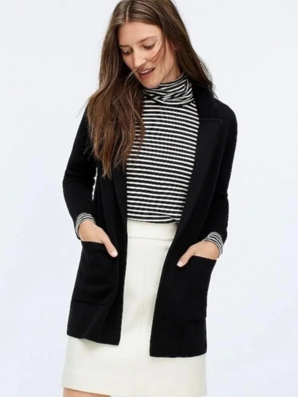 J Crew Sweater Blazer Womens XS Black 100% Merino Wool Open Front Cardigan